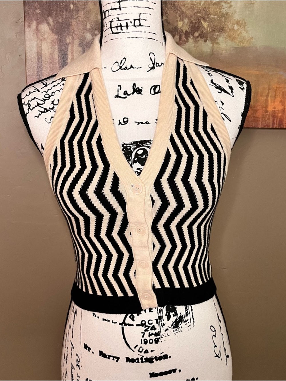 Striped Halter Knit Button-Front Top in Black & Cream